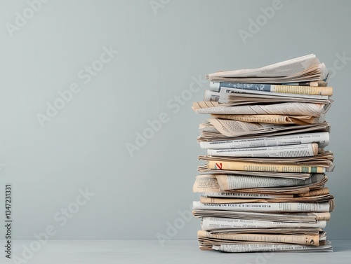 A stack of old, yellowed newspapers piled high in a corner, representing obsolescence and decay