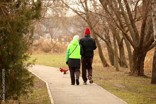 A man and a woman walk arm in arm along an alley of an autumn park, walking their four-legged friend, a dog. Relaxing in a family circle in the fresh air away from the bustle of the city
