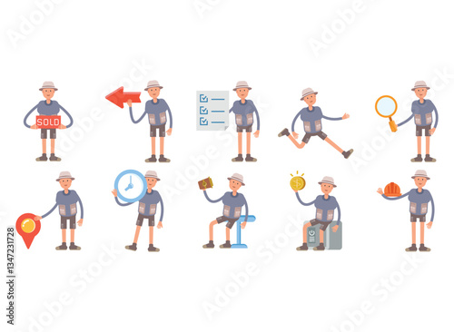 tourist characters in different poses set