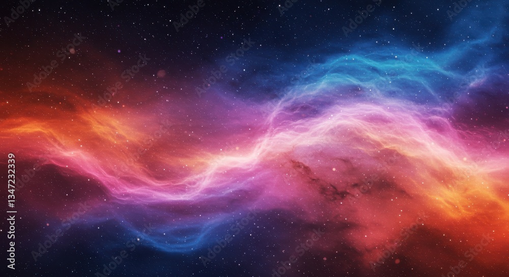 A vibrant cosmic cloud with stars and colorful nebula spanning across a dark background view A vibrant cosmic cloud with stars and colorful nebula spanning across a dark background view