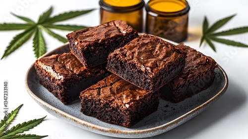 A close-up shot reveals several delicious chocolate brownies arranged on a gray plate, garnished with fresh marijuana leaves and accompanied by small amber jars suggesting