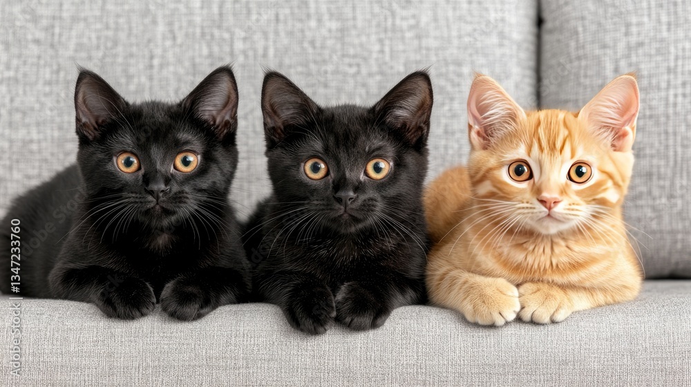 Three adorable cats pose on a sofa, their expressions full of curiosity as they gaze at the camera in this close-up encounter. Three adorable cats pose on a sofa, their expressions full of curiosity as they gaze at the camera in this close-up encounter.