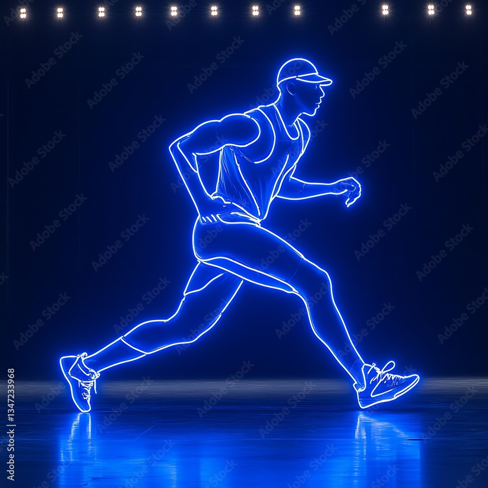 Obraz premium Neon Silhouette Runner on Reflective Stage.