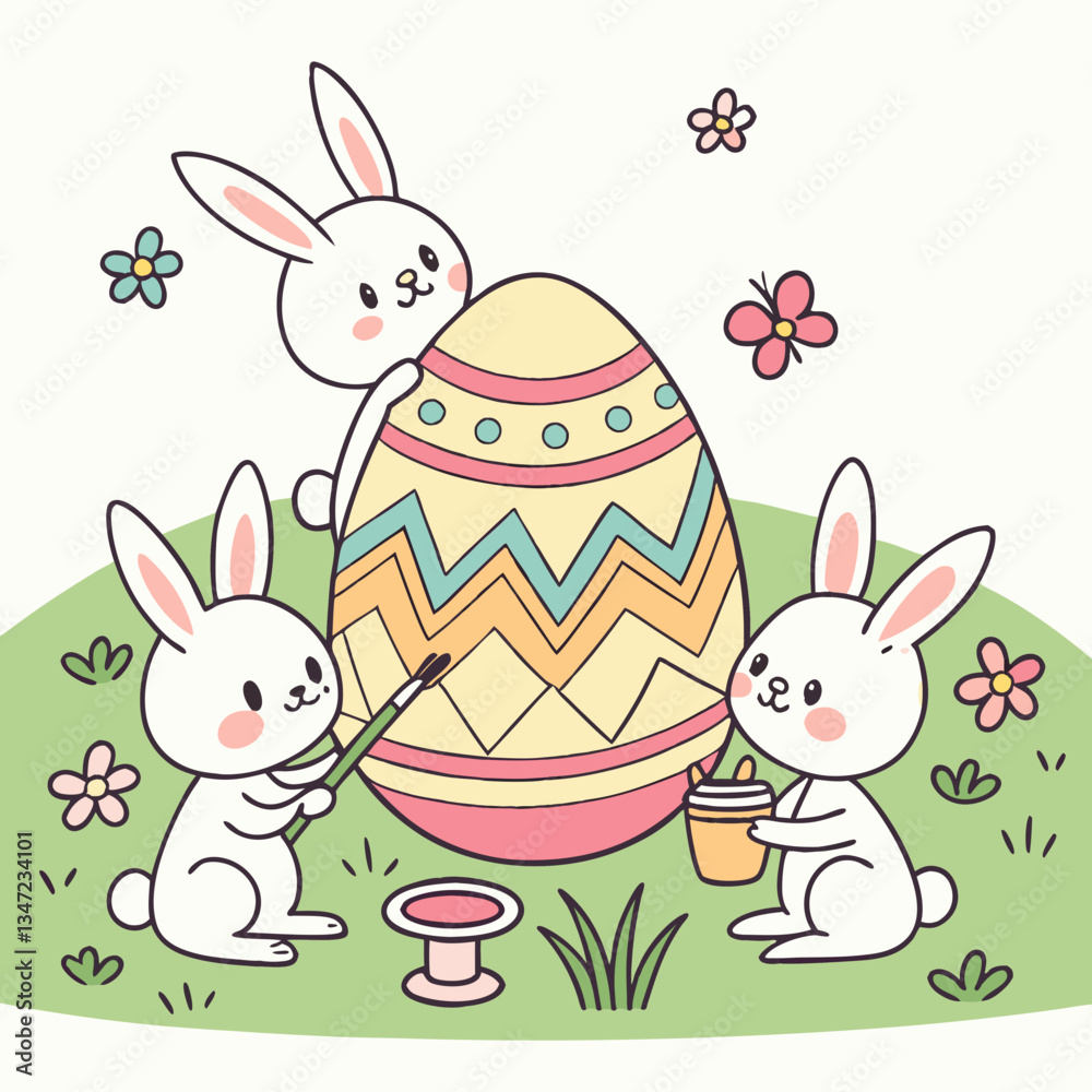 Fototapeta premium easter. bunnies paint an egg. easter egg. easter holiday
