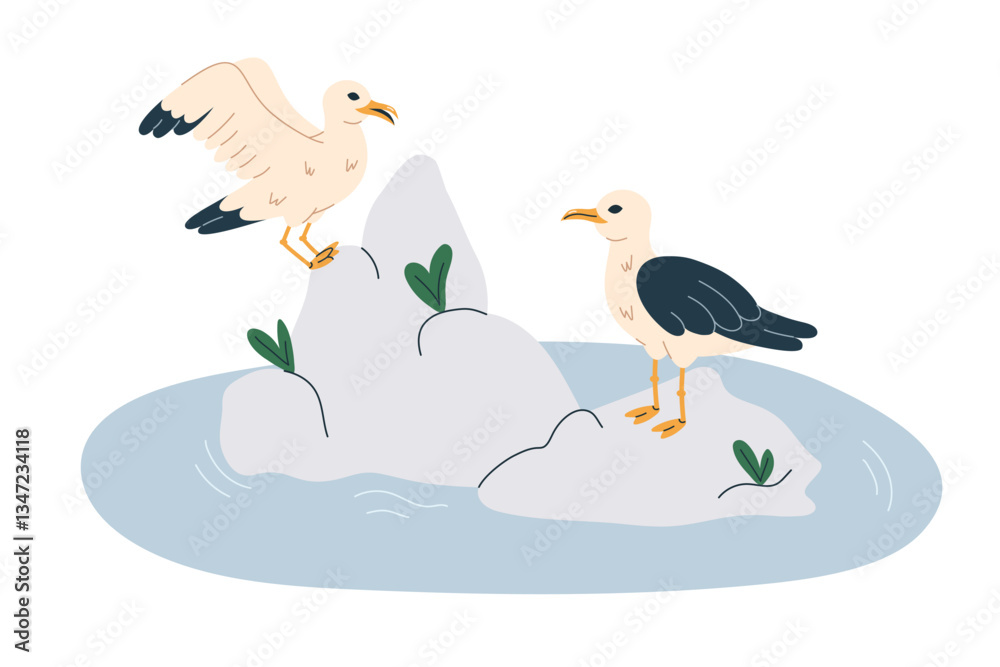 Obraz premium Seagulls at the rocky shore of the ocean. Marine nautical beach fauna. Seabirds standing, side view. Flat vector illustration isolated on white background.