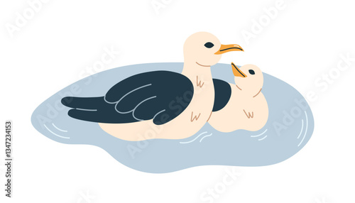 Baby Seagull with his mum. A sea gull and its chick swim together on the water. Birds nesting. Marine nautical beach fauna.