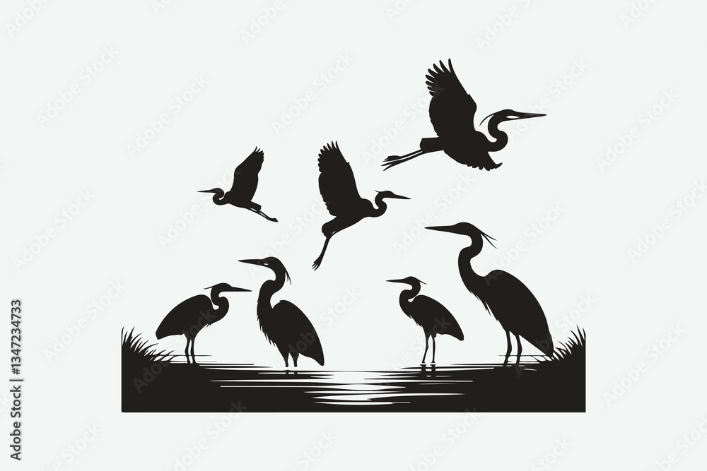 Φωτογραφία This collection of heron silhouettes showcases the birds in various activities such as flying, fishing, and resting