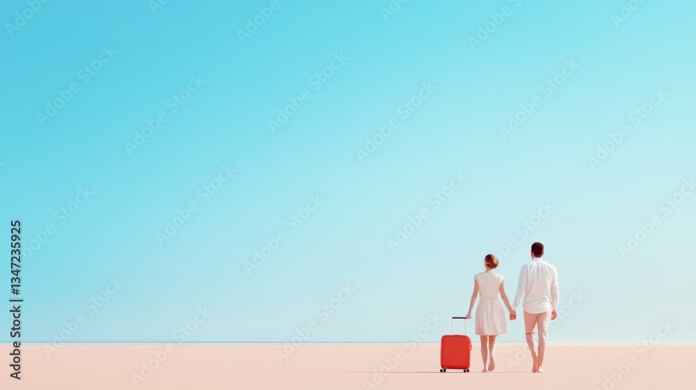 Couple's Travel: A couple holds hands, walking away, accompanied by a red suitcase under a clear blue sky, capturing the allure of travel and the promise of new horizons. Couple's Travel: A couple holds hands, walking away, accompanied by a red suitcase under a clear blue sky, capturing the allure of travel and the promise of new horizons.