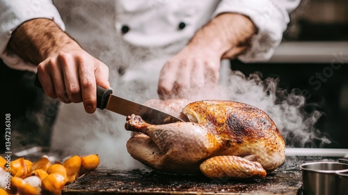 Chef Preparing Juicy Roast Turkey with Steaming Smoke in a Professional Kitchen Setup for Holiday Feast