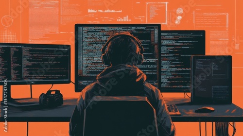 Person Coding on Multiple Screens in a Digital Workspace