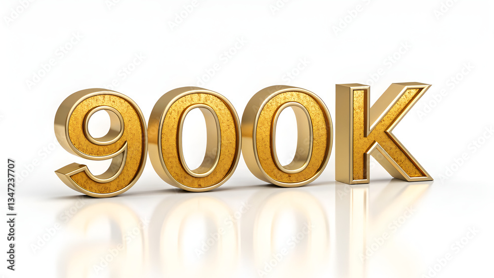 A shiny golden three d rendering of nine hundred k on a reflective white surface in a studio shot A shiny golden three d rendering of nine hundred k on a reflective white surface in a studio shot