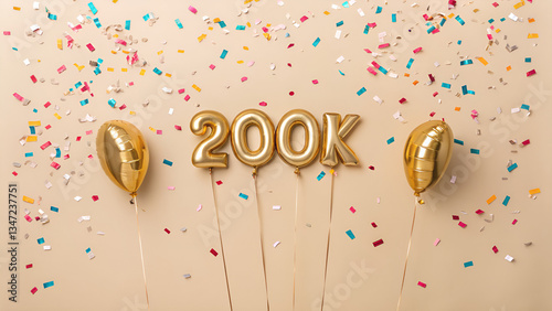 Celebratory arrangement featuring golden balloons spelling out two hundred k with confetti scattered around