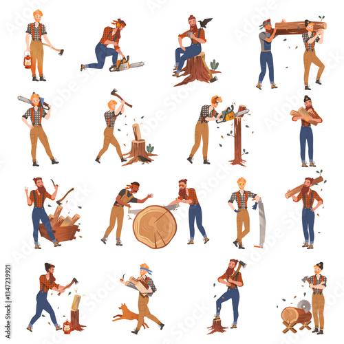 Bearded Woodman or Lumberman in Checkered Shirt Felling Ax Chopping and Sawing Wood Vector Set