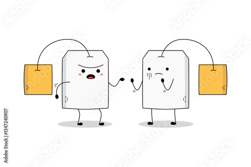 Cute tea bag cartoon character arguing doodle