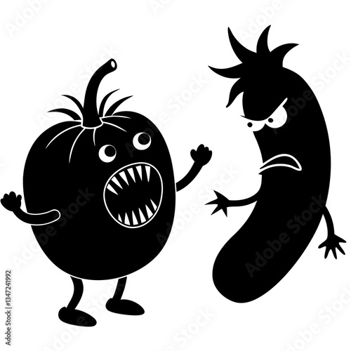 A tomato and cucumber arguing silhouette vector illustration