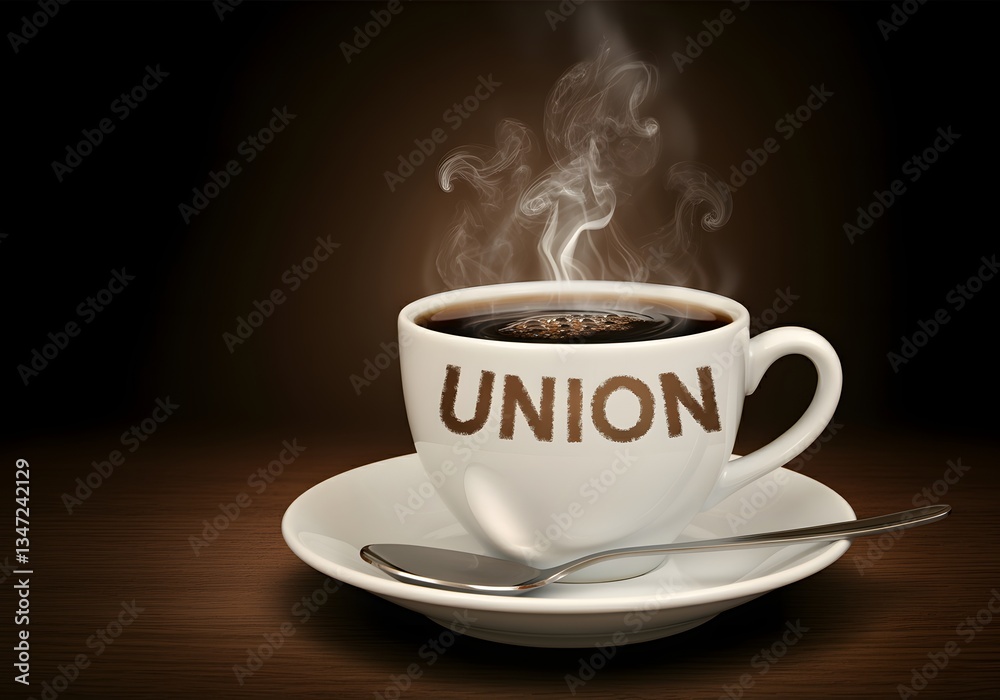 A coffee cup with steam forming the word Union. A coffee cup with steam forming the word Union.