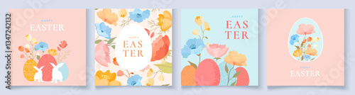 Set of square Easter greeting cards in a fresh, modern style. Soft pastel shades, cute bunny, eggs, and spring flowers. Great for postcards, posters, online ads, and social media graphics.