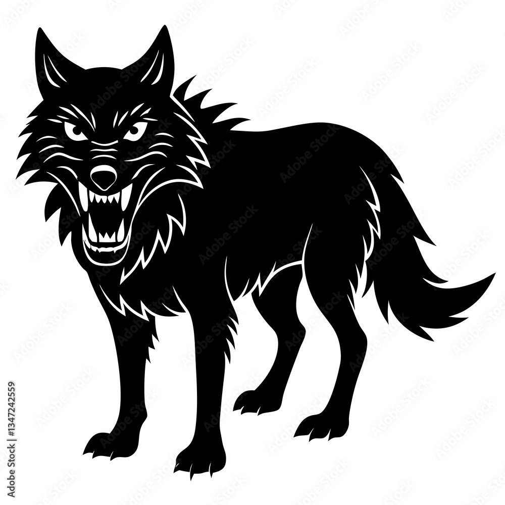 Fototapeta premium A wolf with a toothy grin silhouette vector illustration 