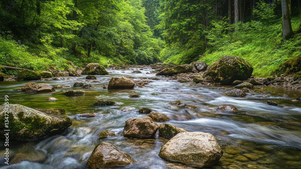 Forest River Flowing Through Rocks, Lush Trees, Nature Forest River Flowing Through Rocks, Lush Trees, Nature