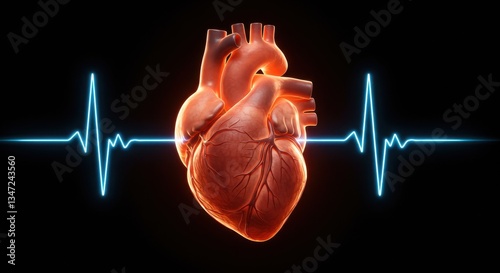 Anatomical heart with a blue ekg line against a dark background in a medical illustration style