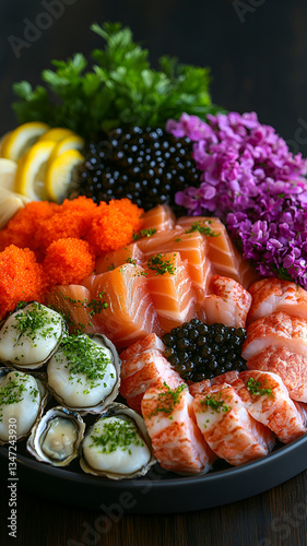 vibrant seafood platter featuring fresh salmon, oysters, caviar, and colorful garnishes, perfect for luxurious dining