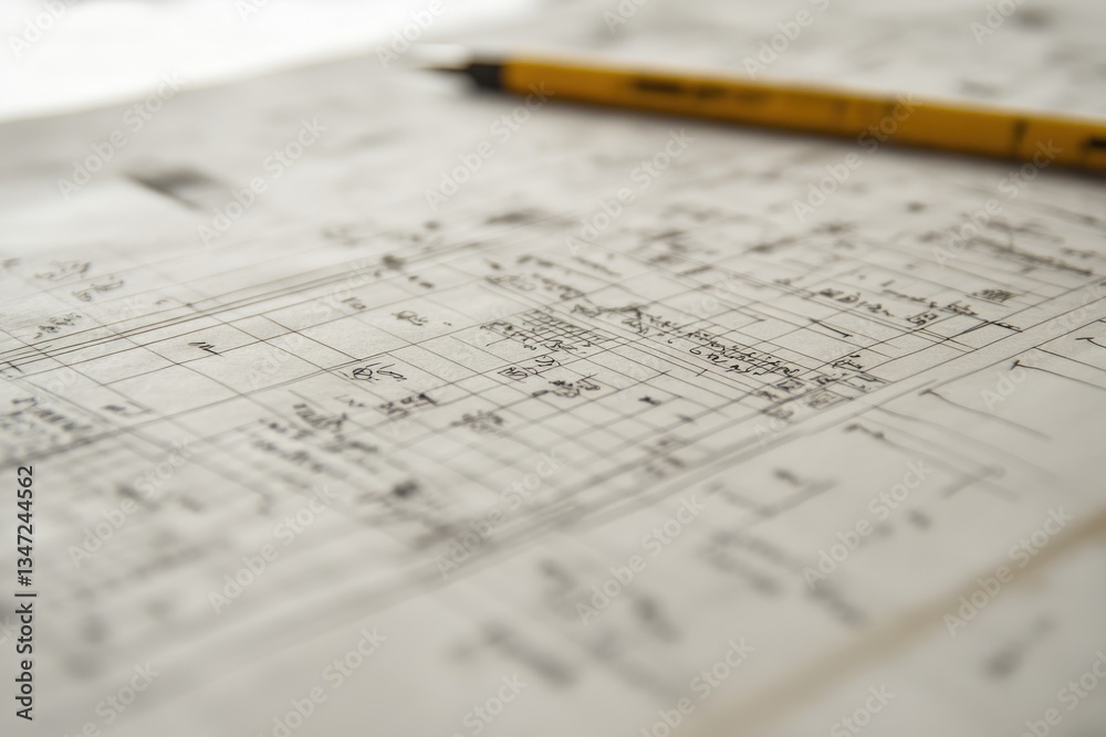 Close-up of detailed architectural blueprints with a yellow pen resting on the paper. Close-up of detailed architectural blueprints with a yellow pen resting on the paper.