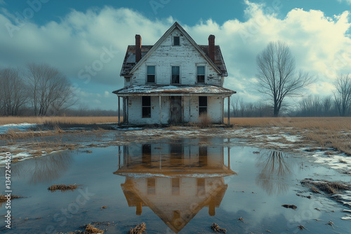 A weathered farmhouse stands lonely in a flooded field, its reflection mirroring a melancholic past under a brooding sky.