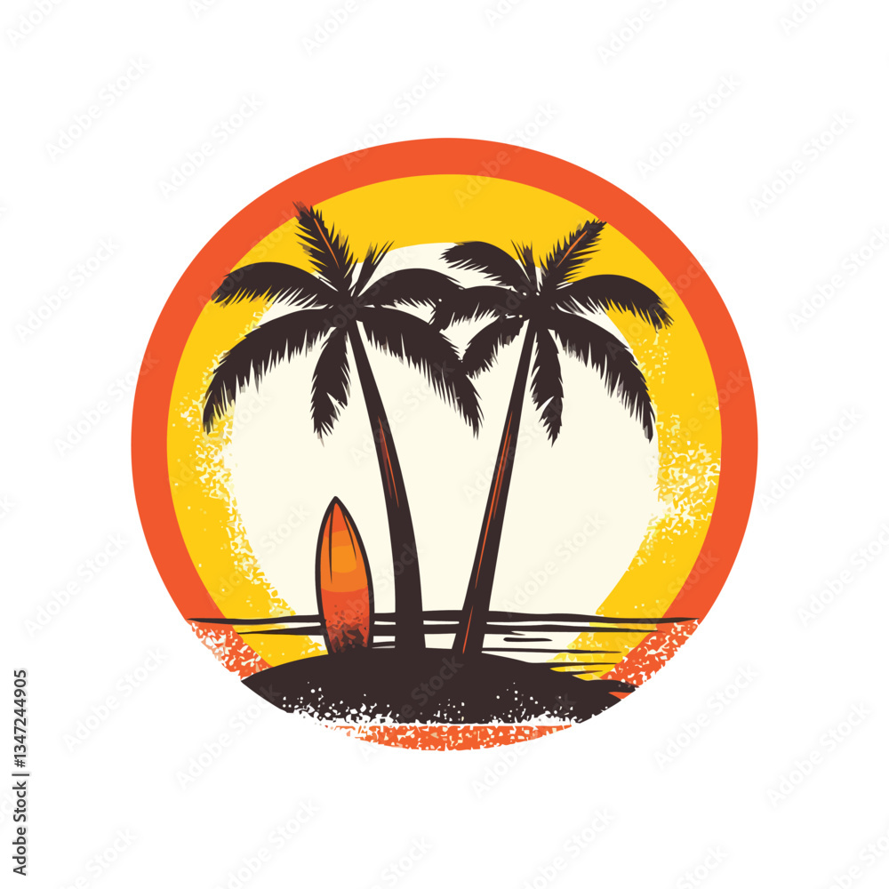 Naklejka premium Summer vacation logo design with plam tree and surfing board vector illustration, Beach logo design Vector