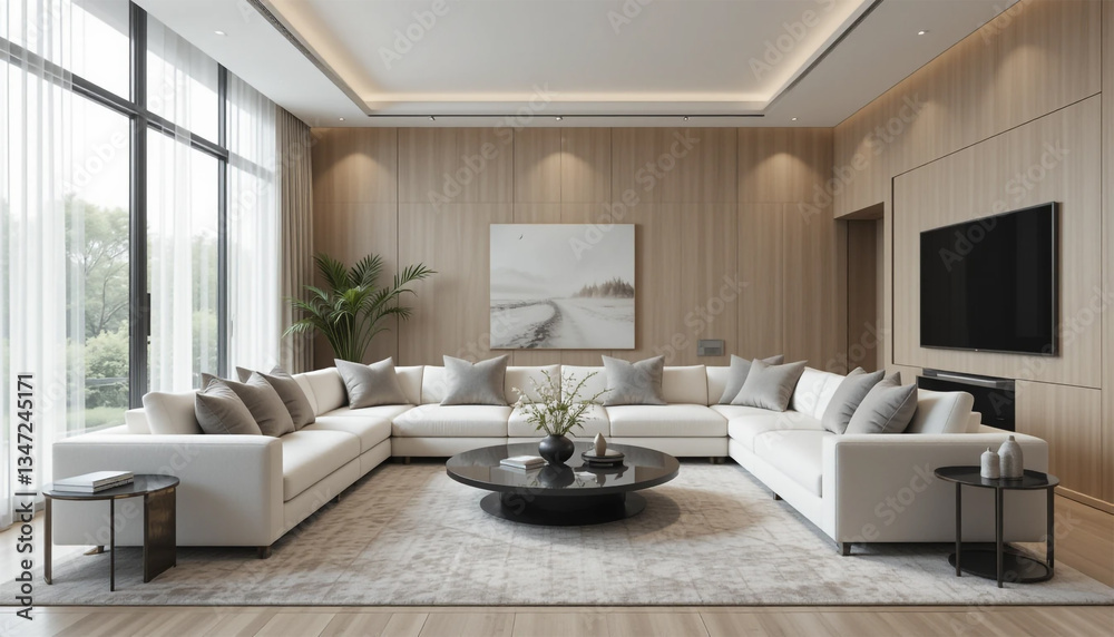 Serene living room invites relaxation with its plush white sectional and bright natural light highlighting soft textures Serene living room invites relaxation with its plush white sectional and bright natural light highlighting soft textures