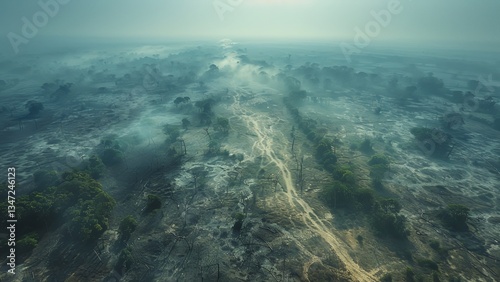 High-Altitude View of Savanna Deforestation: Contrast Between Lush Forest and Clear-Cut Land with Rising Smoke