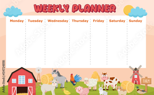 Weekly planner or timetable for school with farm and farm animals. Kids cartoon tamplate for kids 