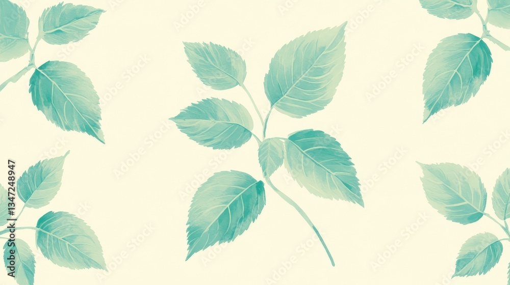 Obraz premium Teal Green Leaves Pattern on Light Background.