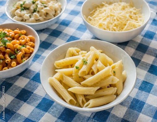 Group of macaroni and cheese in different white dishes on blue gingham photo