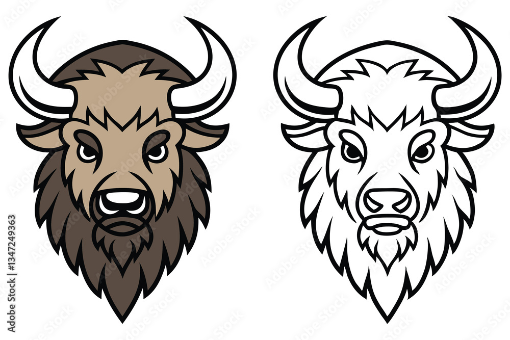 Powerful Yak Head Mascot Illustration Color and Outline Versions Powerful Yak Head Mascot Illustration Color and Outline Versions