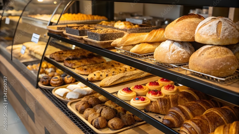 A bakery showcasing a variety of breads, including loaves, rolls, and baguettes, all beautifully arranged on display A bakery showcasing a variety of breads, including loaves, rolls, and baguettes, all beautifully arranged on display