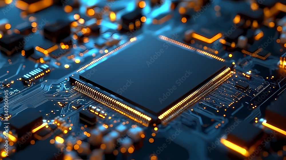 Macro Shot of Circuit Board with Black Chip