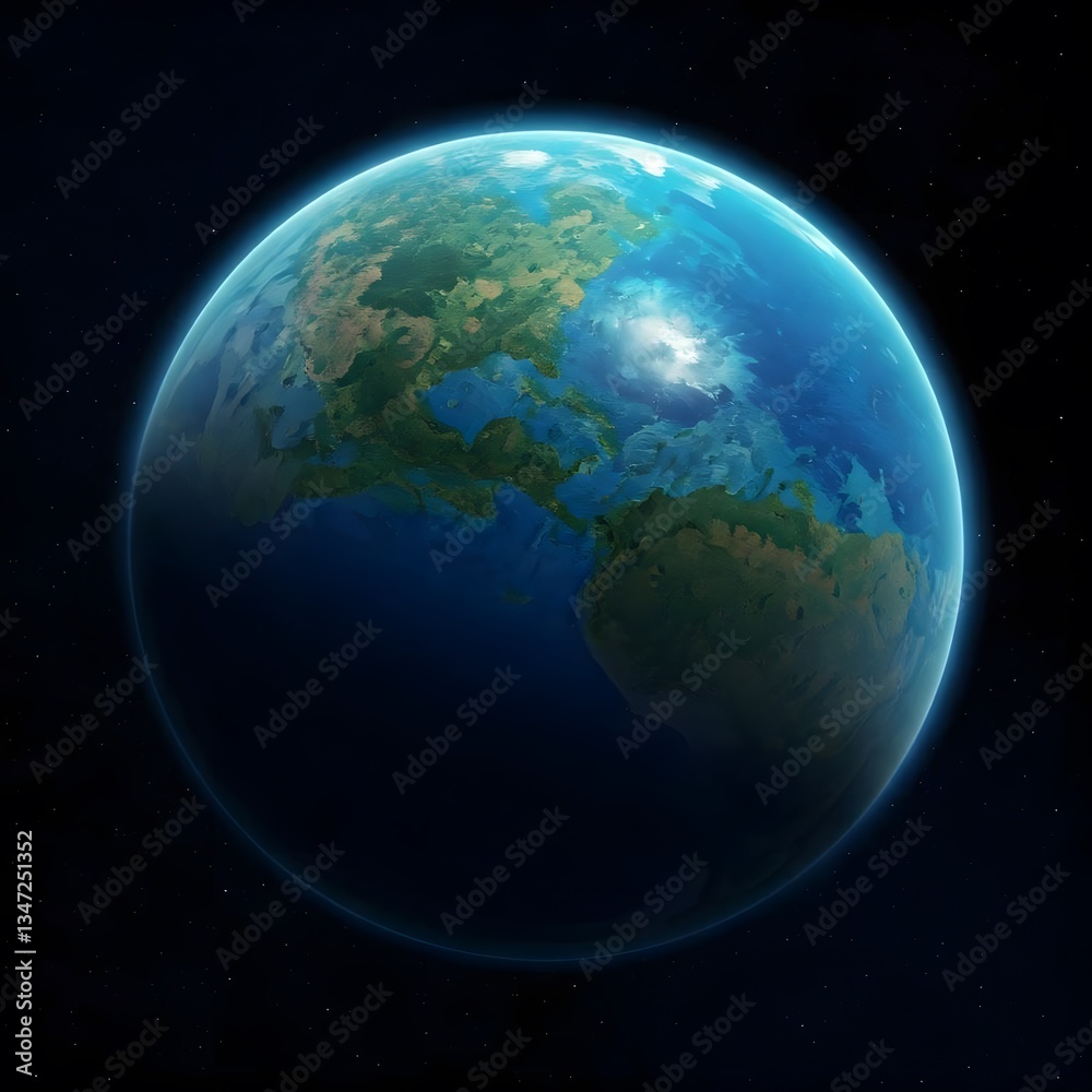 A bright blue planet with dark patches of green and yellow, set against a deep space background, AI Generated A bright blue planet with dark patches of green and yellow, set against a deep space background, AI Generated