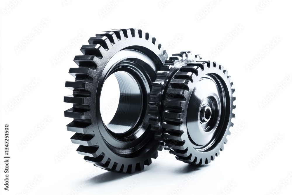 Two metallic gears interlock, showcasing intricate details and industrial precision. Two metallic gears interlock, showcasing intricate details and industrial precision.