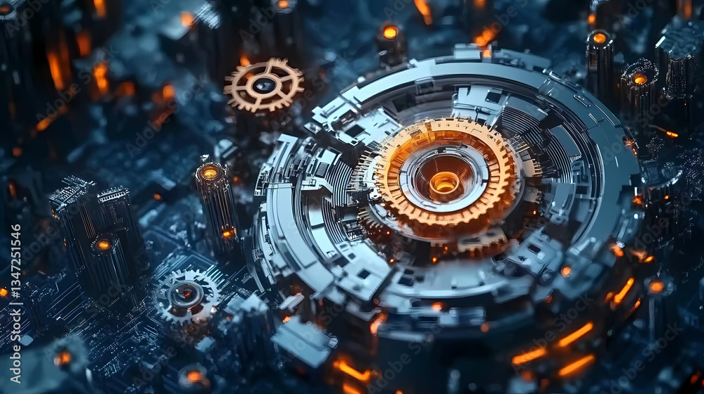 Complex Mechanical Device with Cityscape