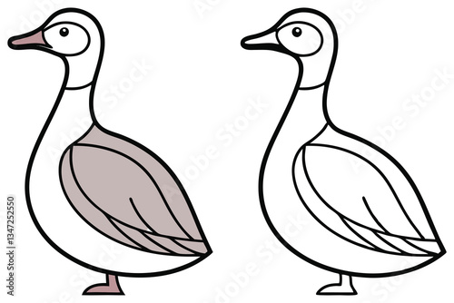 A Cute Cartoon Goose Illustration Coloring Page for Kids Featuring Two Versions One Colored and One Outline