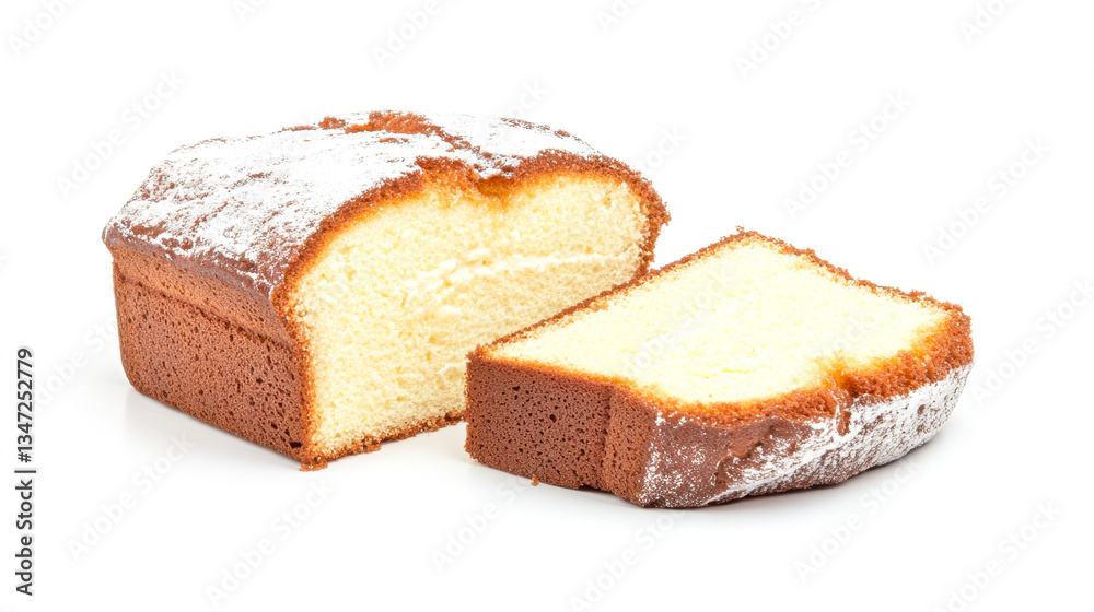 Delicious sponge cake slice isolated on white background with powdered sugar Delicious sponge cake slice isolated on white background with powdered sugar
