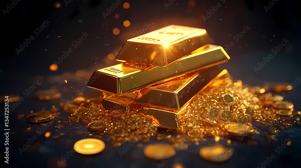 Gold Coins and Bars on Stone Surface
