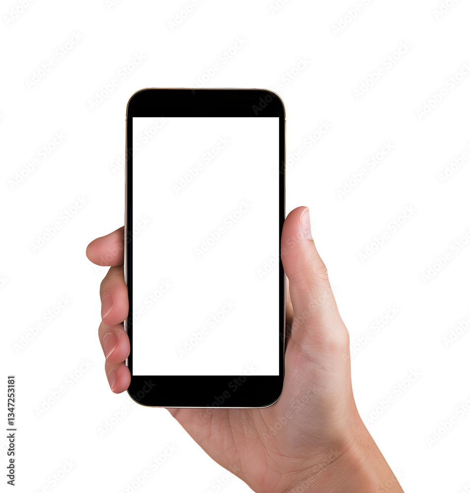 A hand holding a smartphone. The phone's screen displays and background is white. A hand holding a smartphone. The phone's screen displays and background is white.