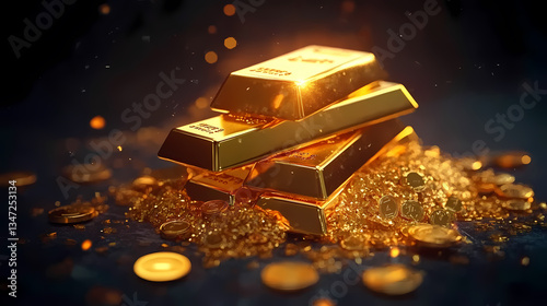 Gold Coins and Bars on Stone Surface
