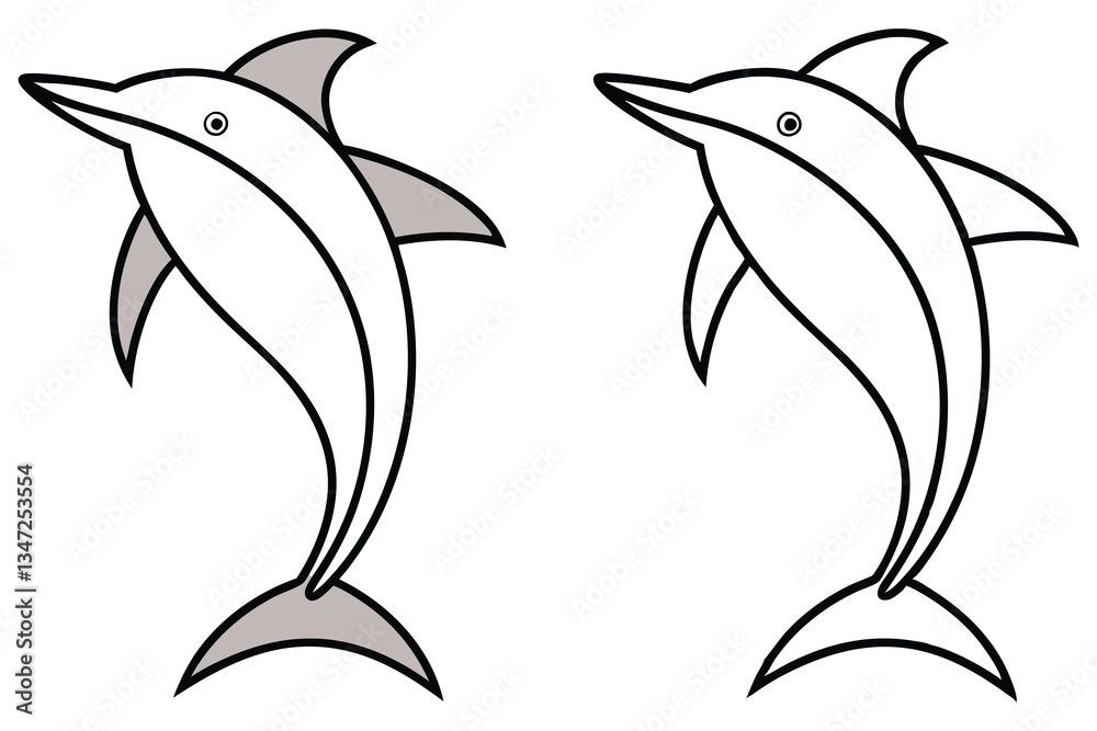 Naklejka premium Two Simple Line Drawings of Dolphins Leaping One with Gray Fins the Other in Black Outline