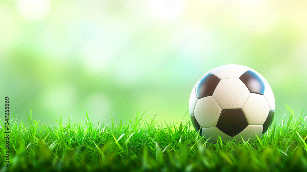 Naklejka premium Soccer ball resting on green grass in a stadium, perfect for sports banners and promotions