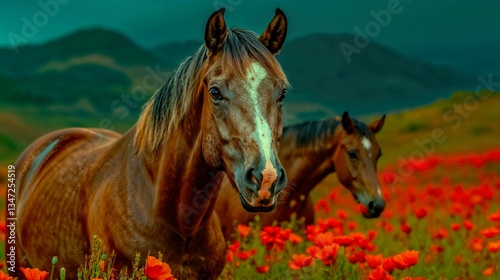 Fototapeta Naklejka Na Ścianę i Meble -  Horses in a field of red poppies with mountain backdrop.