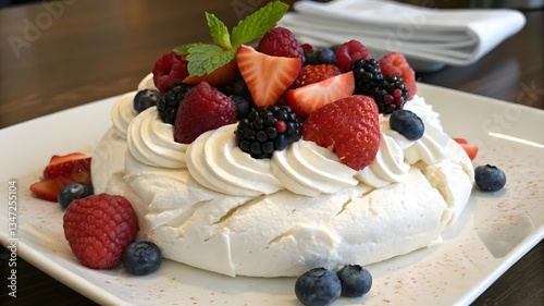 A delicious pavlova topped with fresh berries and a generous swirl of whipped cream, showcasing a delightful dessert