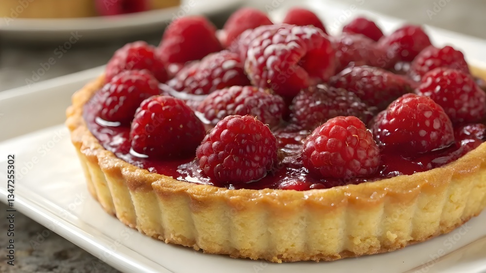 A delicious raspberry tart sits on a white plate, showcasing vibrant red berries atop a golden crust A delicious raspberry tart sits on a white plate, showcasing vibrant red berries atop a golden crust