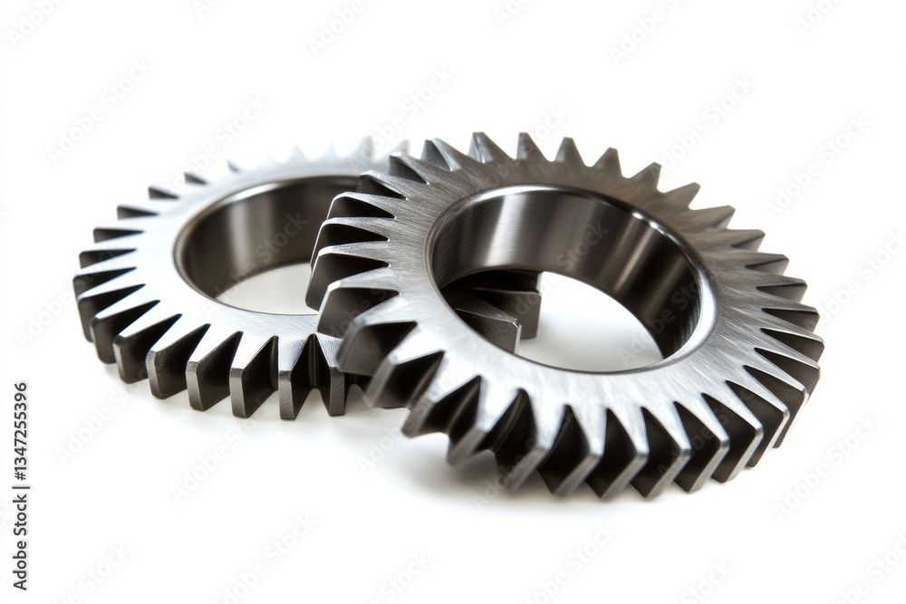 Two metallic gears interlocked, showcasing intricate details and precision engineering. Two metallic gears interlocked, showcasing intricate details and precision engineering.